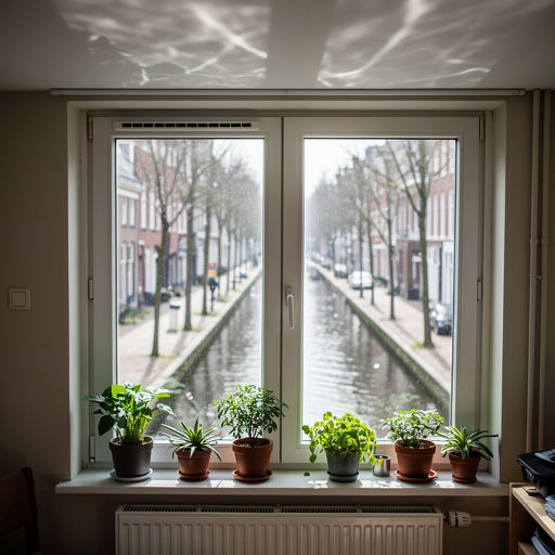 Interieur Winschoter stadspand met uitzicht door kozijnen op de Marktplein