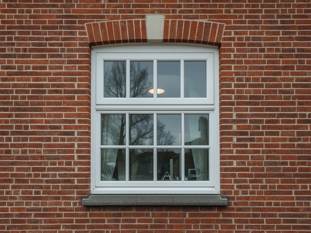 Close-up kunststof kozijn wit op een bakstenen gevel van een Delfzijlse woning aan de dijk
