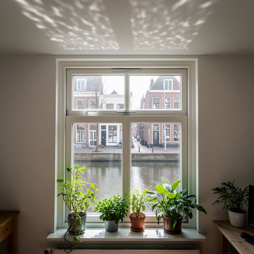 Interieur Zuidhorner woning met uitzicht door kozijnen op het Reitdiep