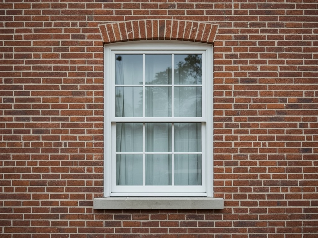 Detailopname kunststof kozijn houtlook op gele Friese bakstenen gevel in Leeuwarden