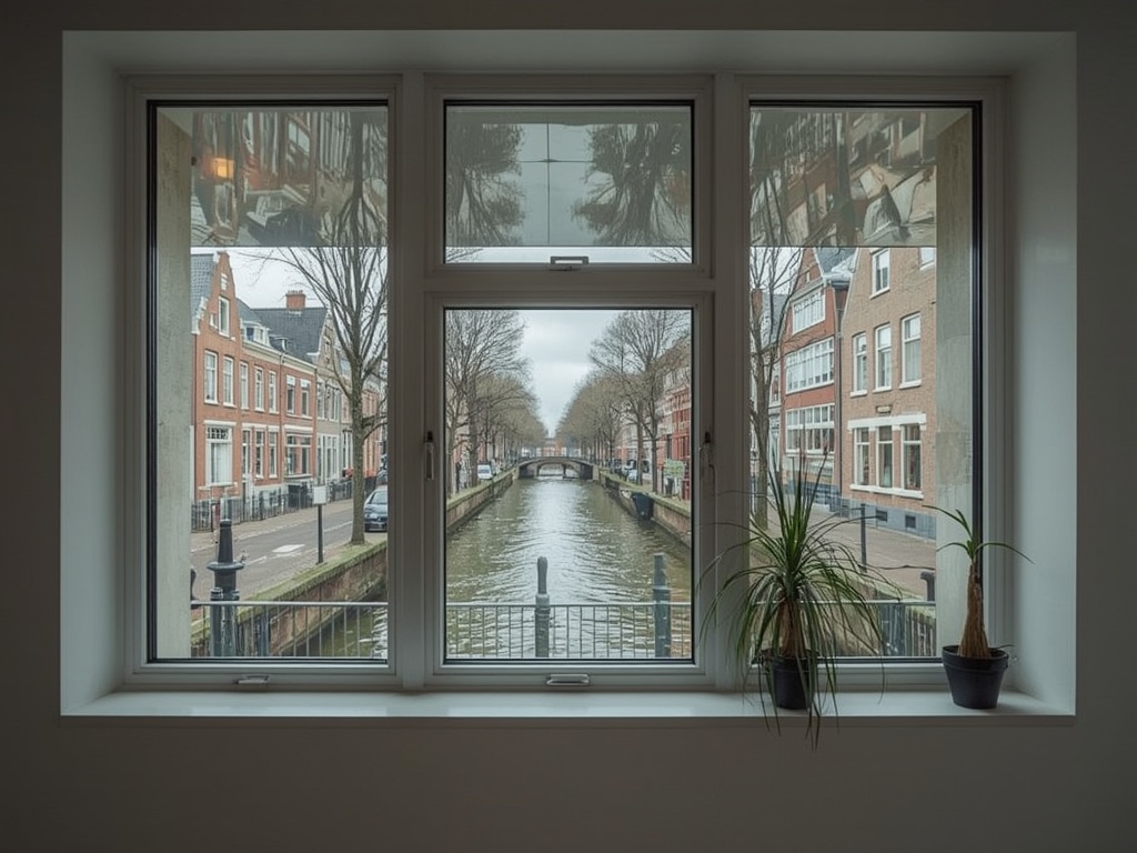 Interieur dorpspand Leek met uitzicht door kozijnen op het Leekstermeer
