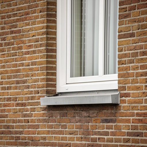 Detailopname kunststof kozijn wit op bakstenen muur jaren dertig woning Emmen