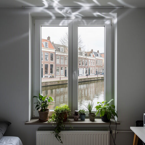 Interieur Gronings stadspand met uitzicht door kozijnen op Folkingestraat gracht