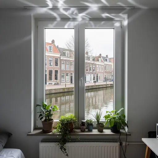 Interieur Gronings stadspand met uitzicht door kozijnen op Folkingestraat gracht